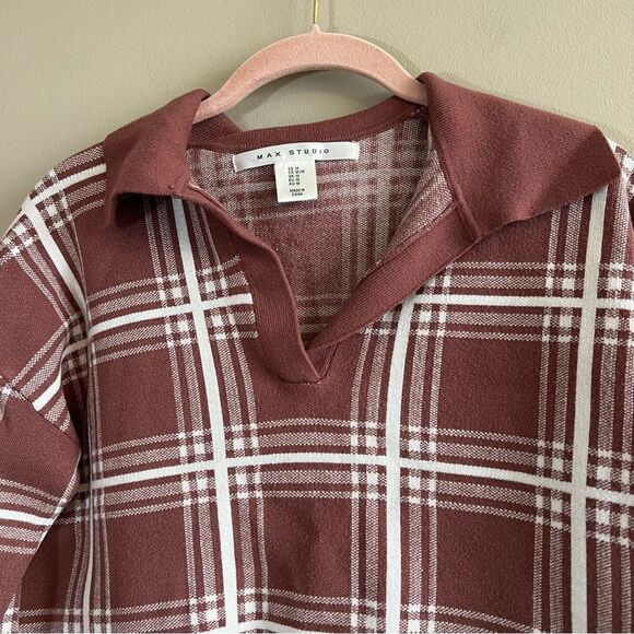 ✨ Max Studio Women’s Brown Plaid Collared Sweater Medium - Picture 2 of 11